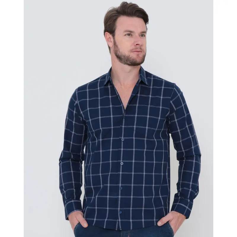 Camisa Masculina Manga Longa Estampa Quadriculada Azul Marinho 2
