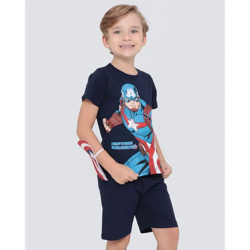 Pijama Infantil Com Escudo Capitão América Marvel Marinho 4
