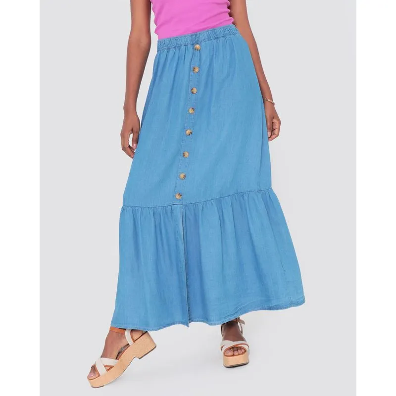 Saia Jeans Longa Com Botões e Babado Azul P