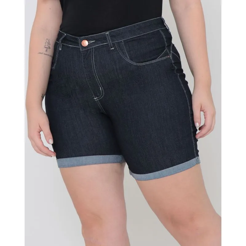 Short Jeans Plus Size Básico Barra Dobrada Azul Escuro 46