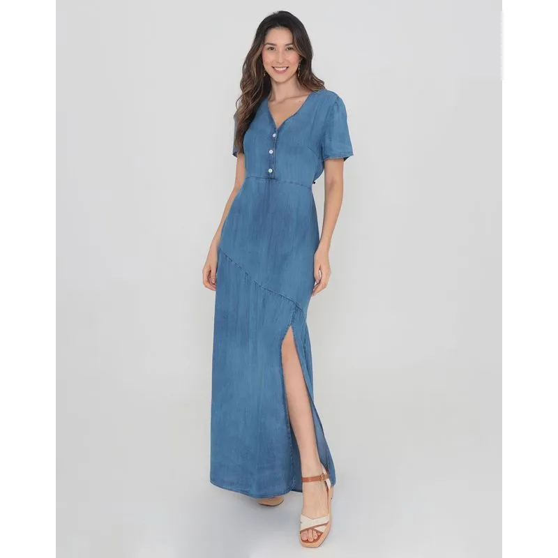 Vestido Jeans Longo Fenda Manga Curta Liocel Azul G