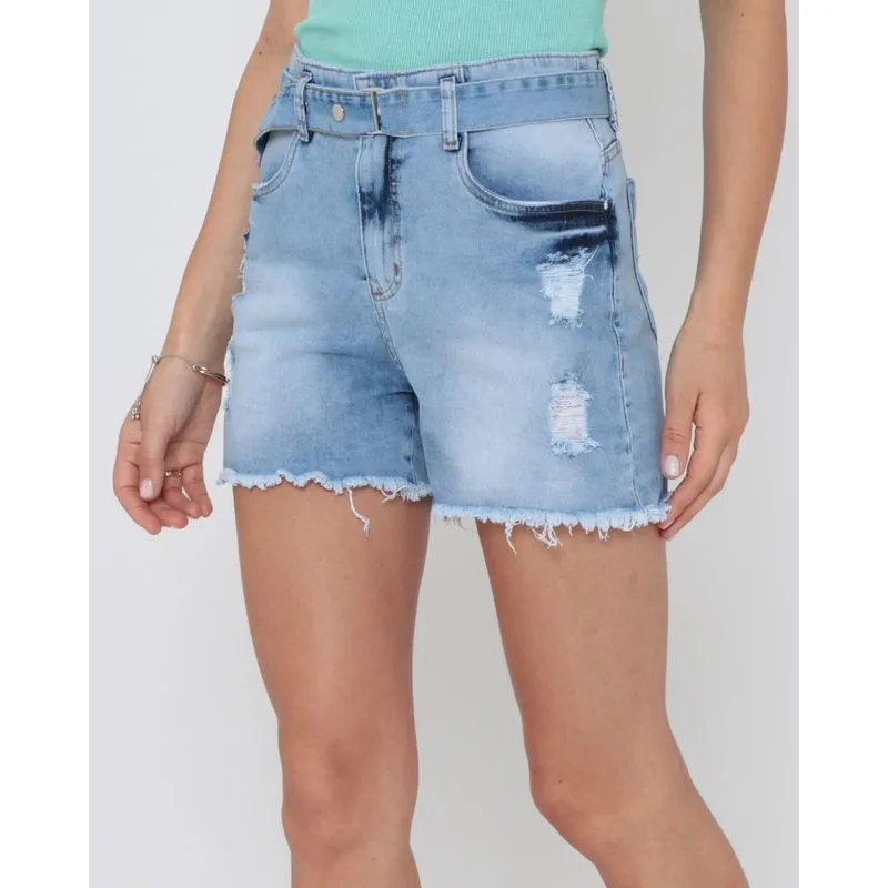 Short Jeans Feminino Com Cinto Destroyed Azul 42