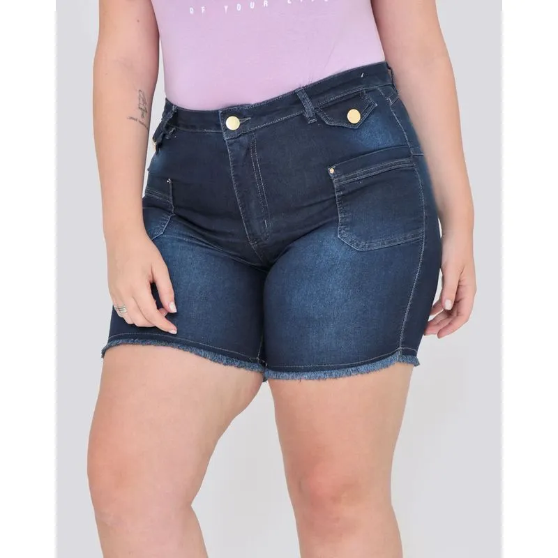 Bermuda Jeans Plus Size Feminina Bolsos Denim Azul Escuro 48