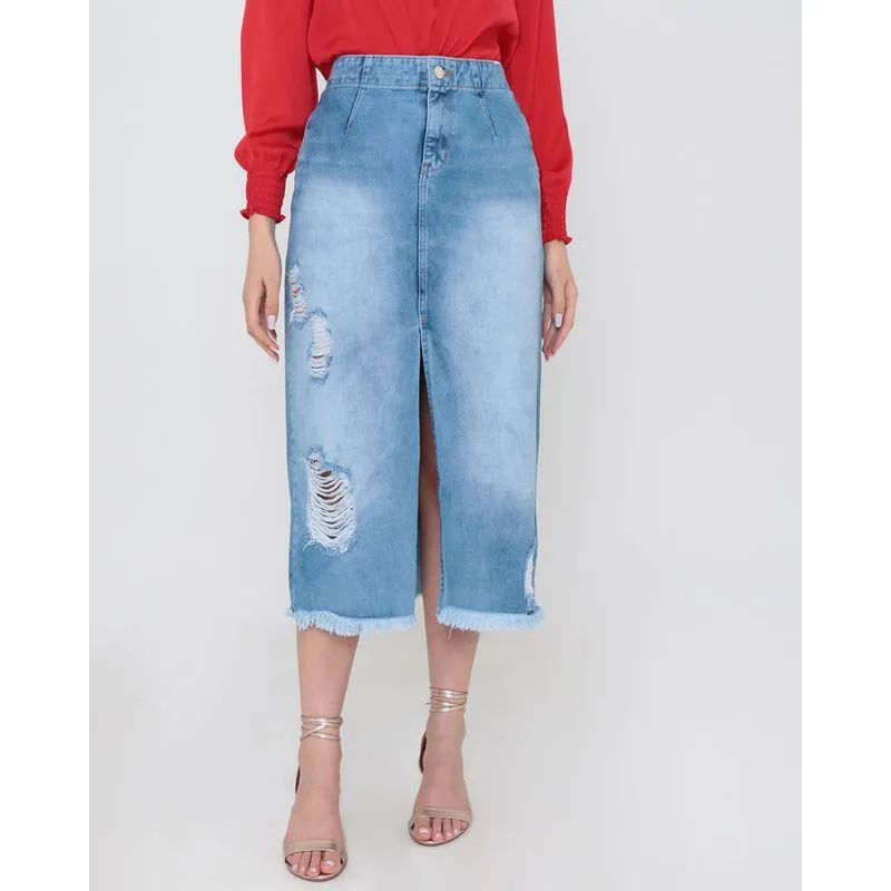 Saia Jeans Midi Destroyed Azul Claro 36