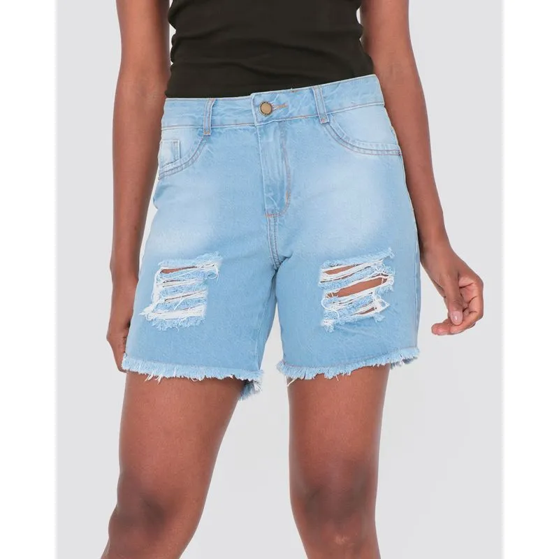 Bermuda Jeans Feminina Destroyed Azul 42