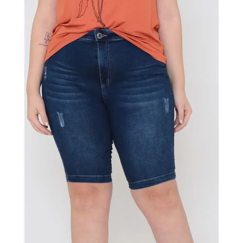 Bermuda Plus Size Feminina Com Puídos Azul Escuro 50