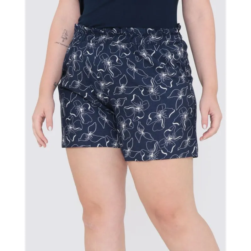 Short Plus Size Viscose Floral Hibiscos Azul Marinho G1