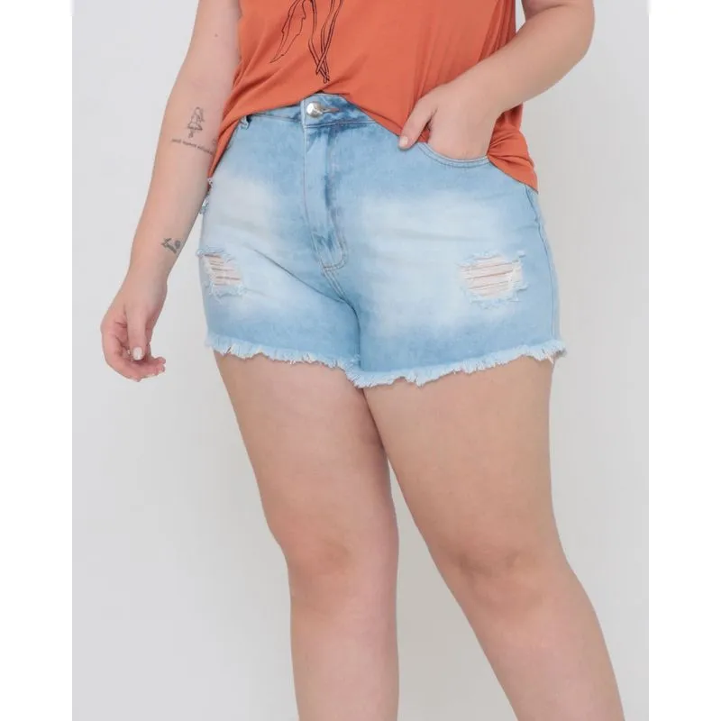Short Jeans Plus Size Reto Destroyed Azul Claro 50