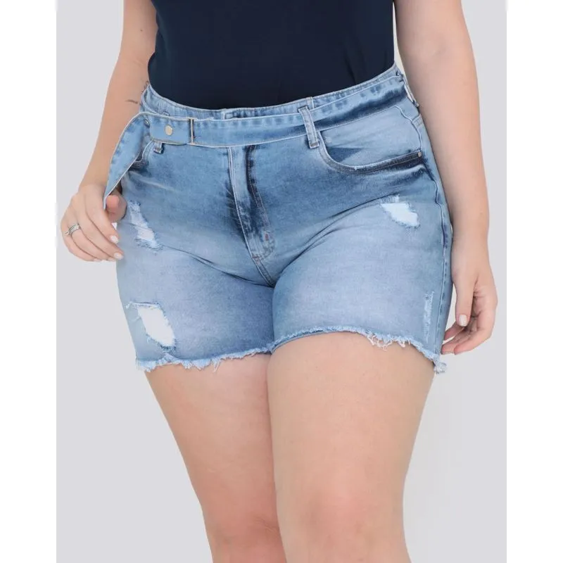 Short Jeans Plus Size Com Cinto Destroyed Azul 54