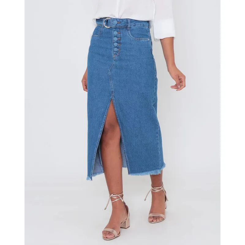 Saia Jeans Midi Com Faixa Azul 40