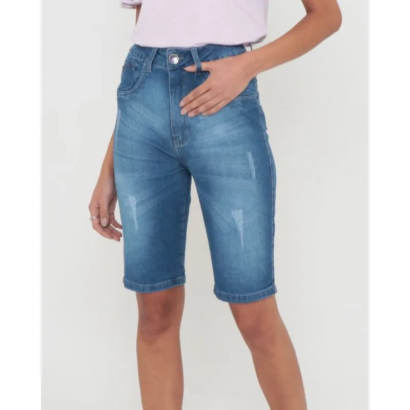 Bermuda Jeans Feminina Com Puídos Azul 46