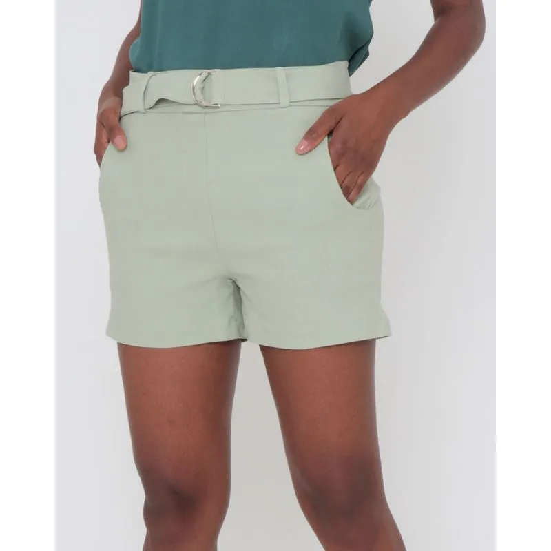 Short Bengaline Com Cinto Cintura Média Liso Verde M