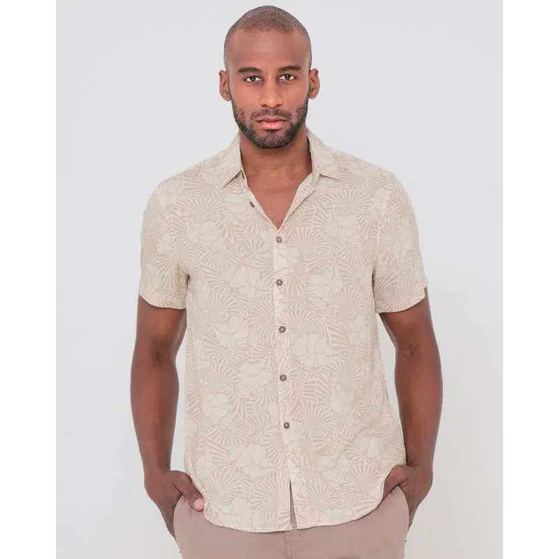 Camisa Masculina Manga Curta Viscose Tropical Bege Claro G