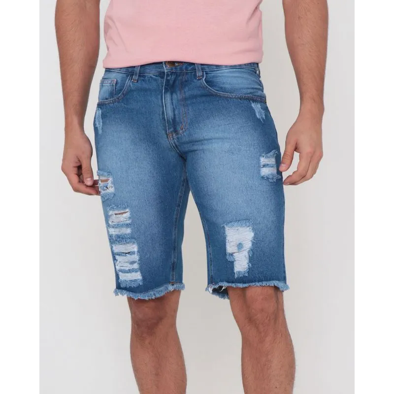 Bermuda Jeans Masculina Reta Destroyed Azul 40