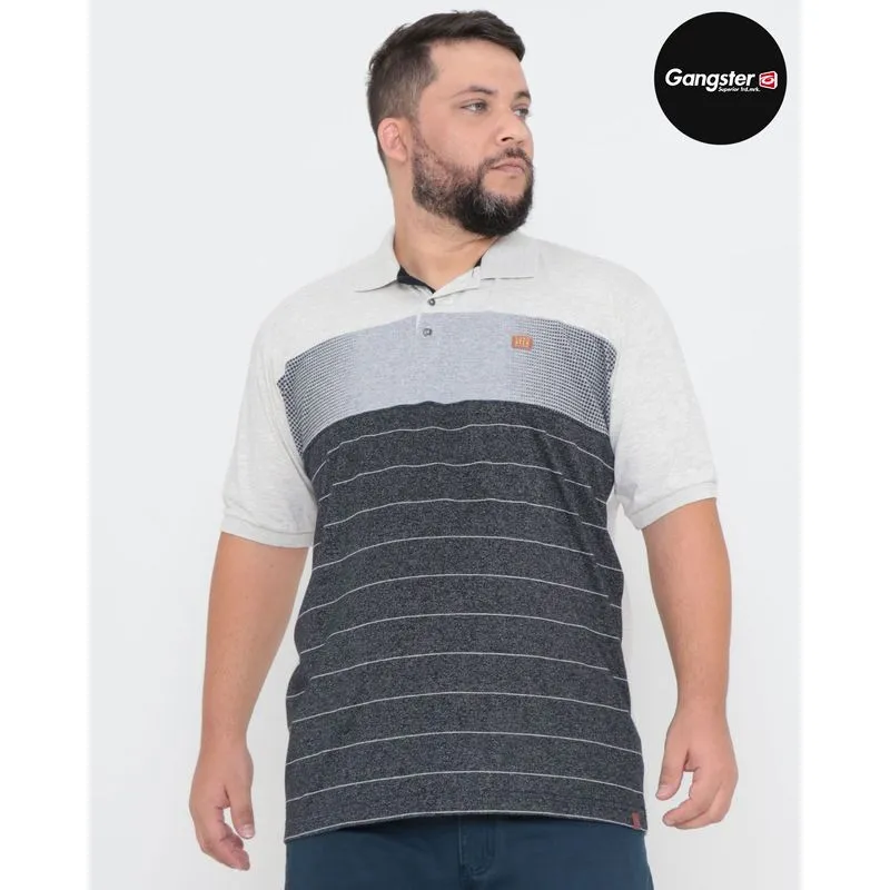 Polo Masculina Plus Size Gangster Recortes Mesclas Cinza Claro G4