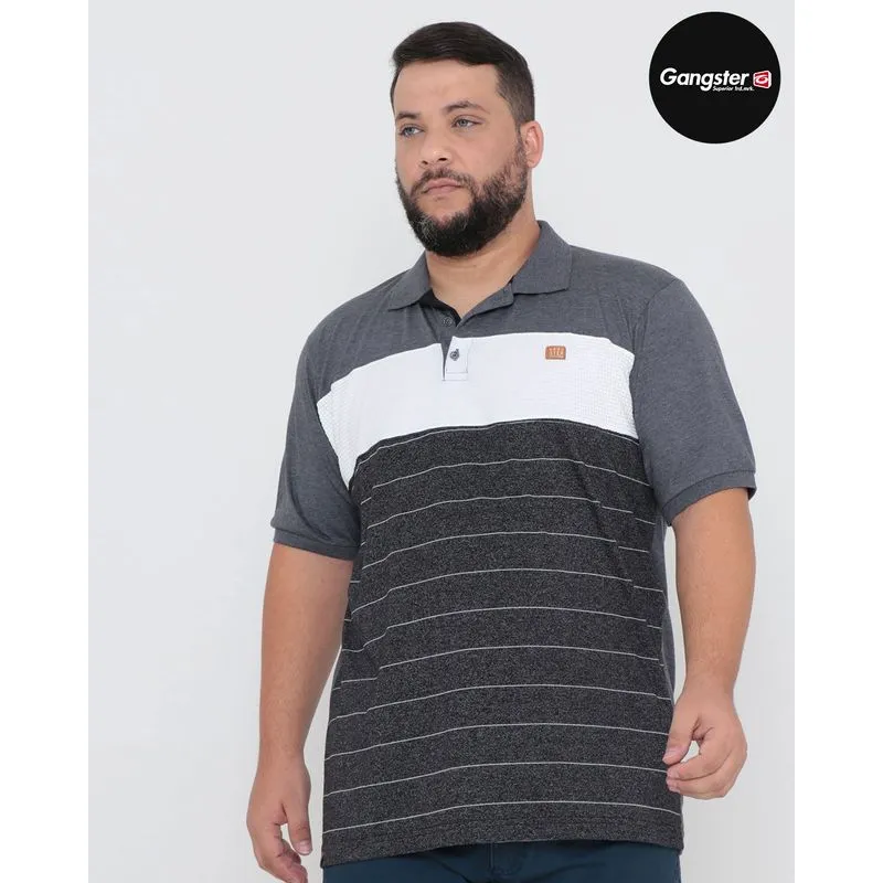 Polo Masculina Plus Size Gangster Recortes Mesclas Cinza Escuro G2