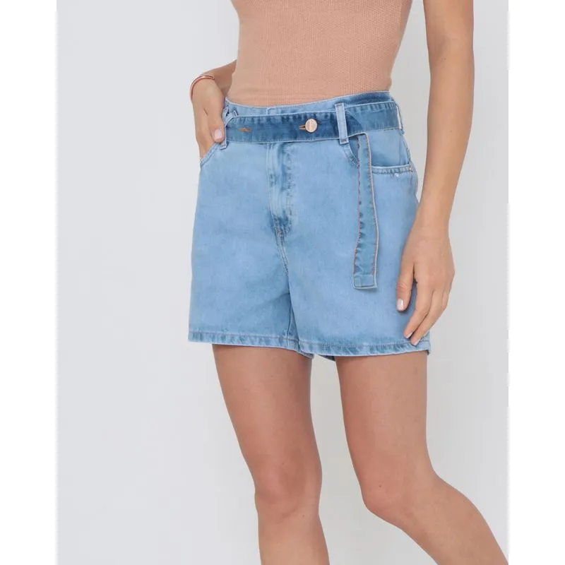 Short Jeans Feminina Com Cinto Azul Claro 36