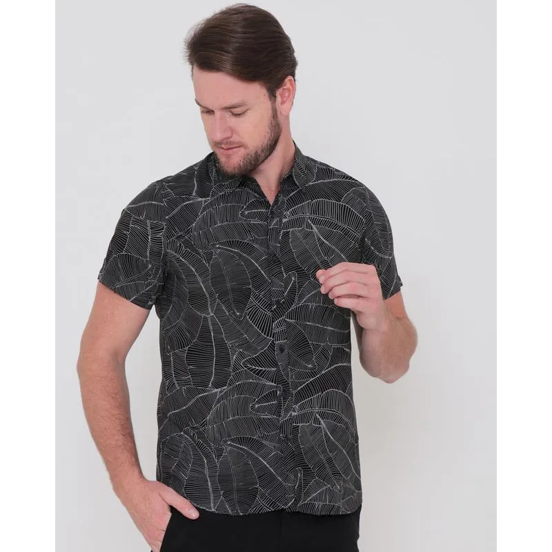 Camisa Masculina Manga Curta Estampada Folhas Preta GG