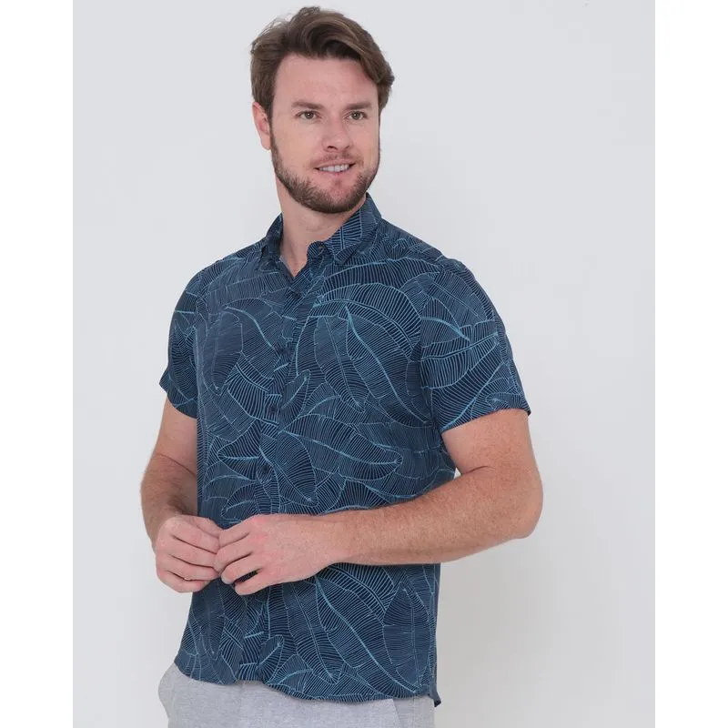 Camisa Masculina Estampa Folhas Azul Marinho GG