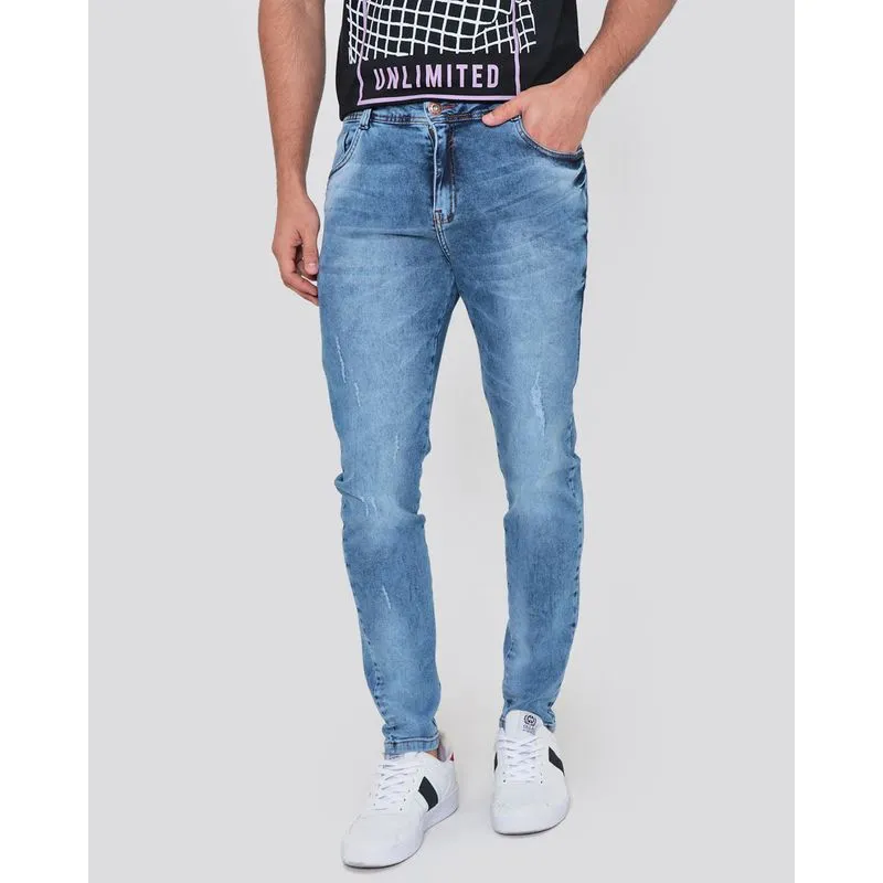 Calça Jeans Masculina Skinny Puídos Azul 36