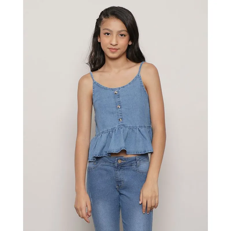 Blusa Jeans Juvenil Alcinha Babados Azul 12