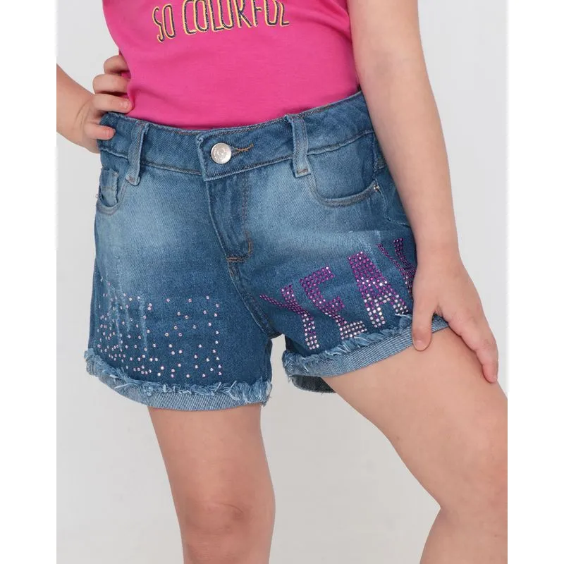 Short Jeans Infantil Strass Barra Desfiada Denim Azul 6