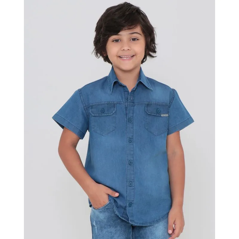 Camisa Jeans Infantil Manga Curta Bolsos Denim Azul 8