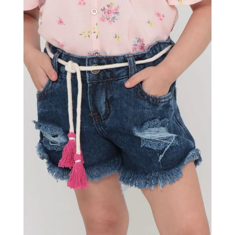 Short Jeans Infantil Destroyed Com Cordão Azul 4