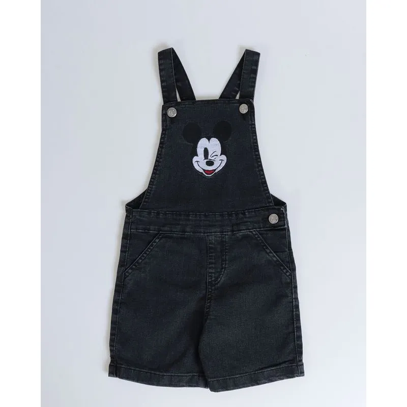 Jardineira Jeans Bebê Com Quebra Cabeça Mickey Disney Preto 3