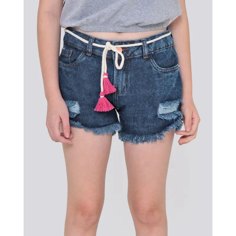 Short Jeans Juvenil Cordão Destroyed Azul Escuro 10