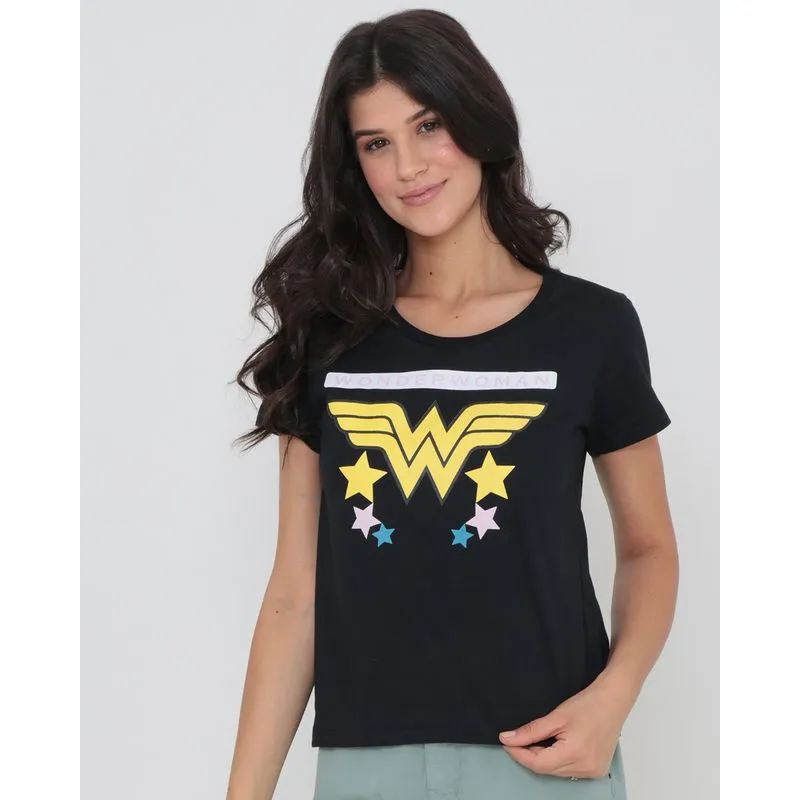 Camiseta Feminina Manga Curta DC Mulher Maravilha Preta G