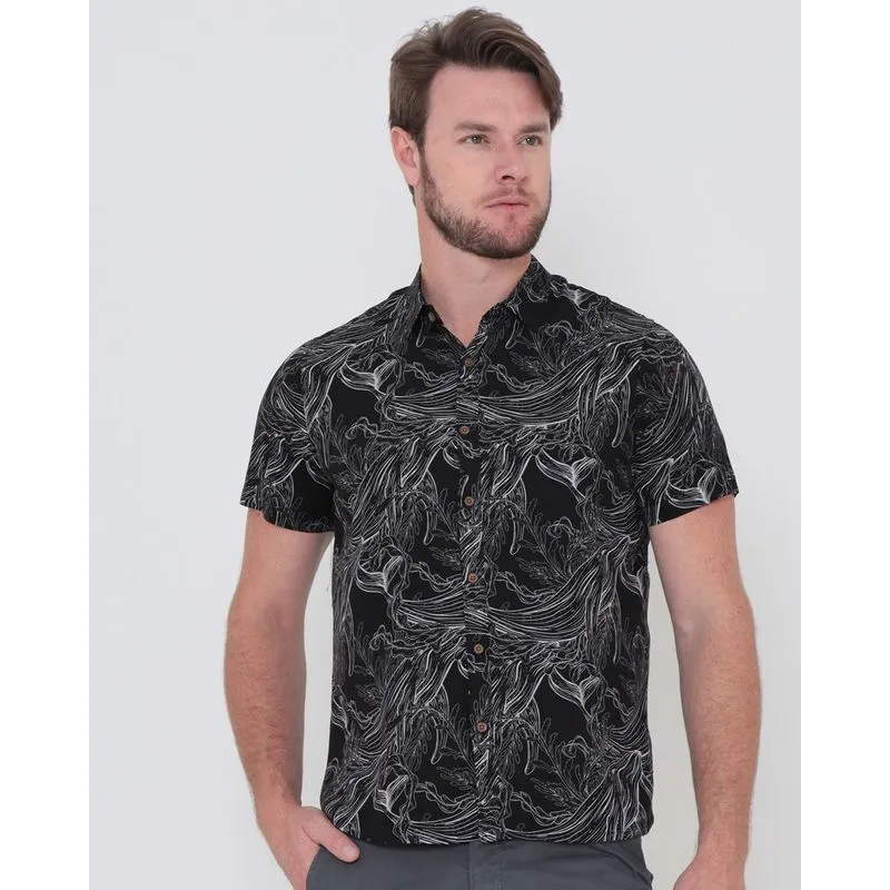 Camisa Masculina Manga Curta Estampada Folhagens Preta G