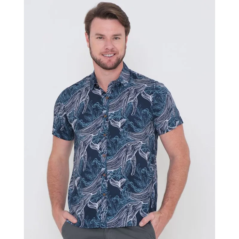 Camisa Masculina Estampa Fundo do Mar Azul Marinho M