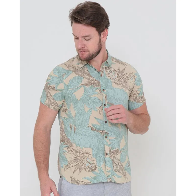 Camisa Masculina Manga Curta Estampada Floral Verde Claro GG