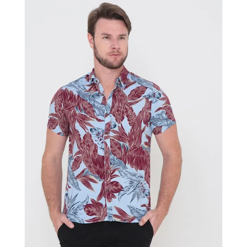 Camisa Masculina Manga Curta Estampada Floral Azul Claro P