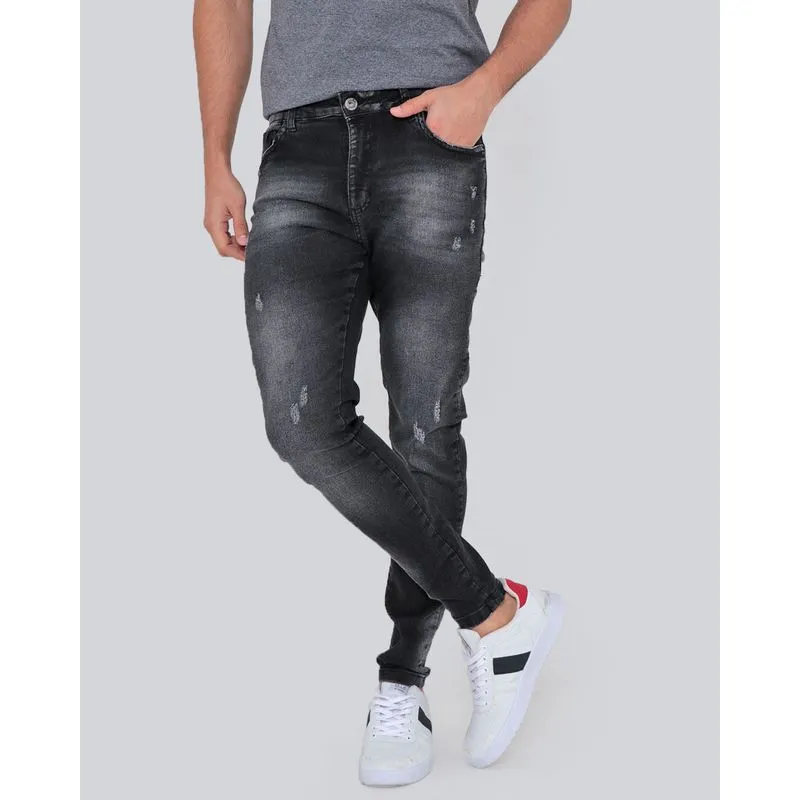 Calça Jeans Masculina Skinny Com Puídos Preta 46