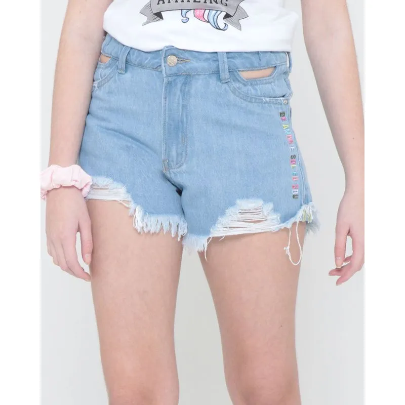 Short Jeans Juvenil Destroyed Azul Claro 10