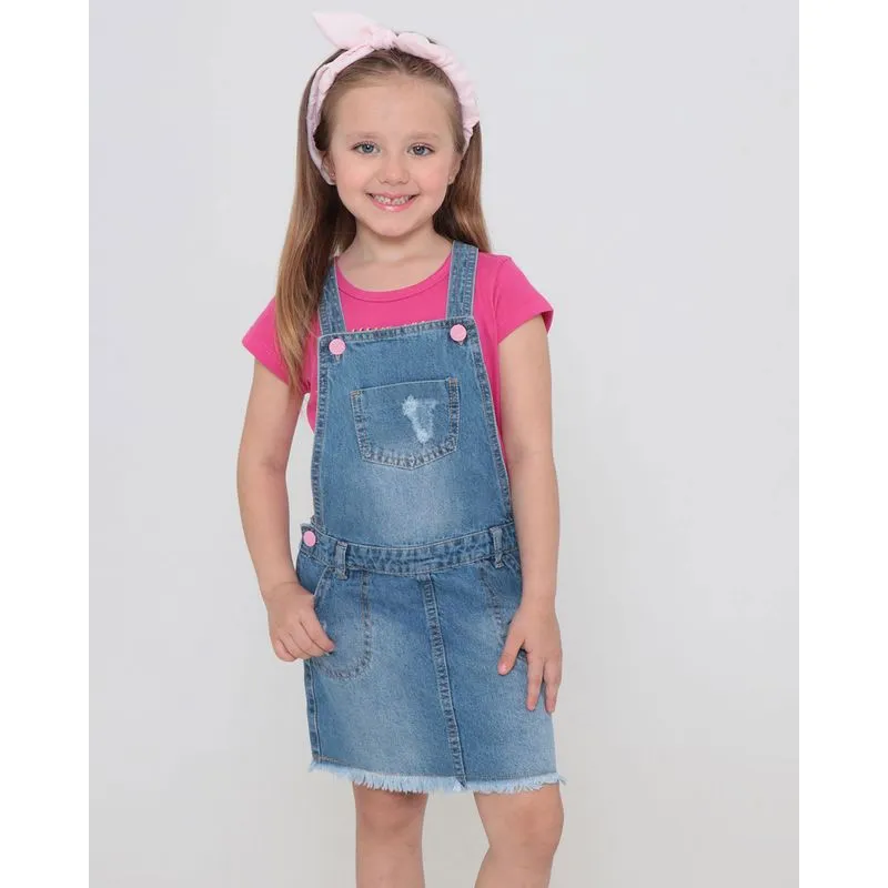 Salopete Infantil Com Brinde Tiara Puídos Jeans Azul 4