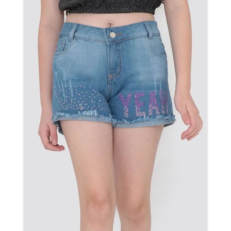 Short Jeans Juvenil Strass Barra Desfiada Azul 10