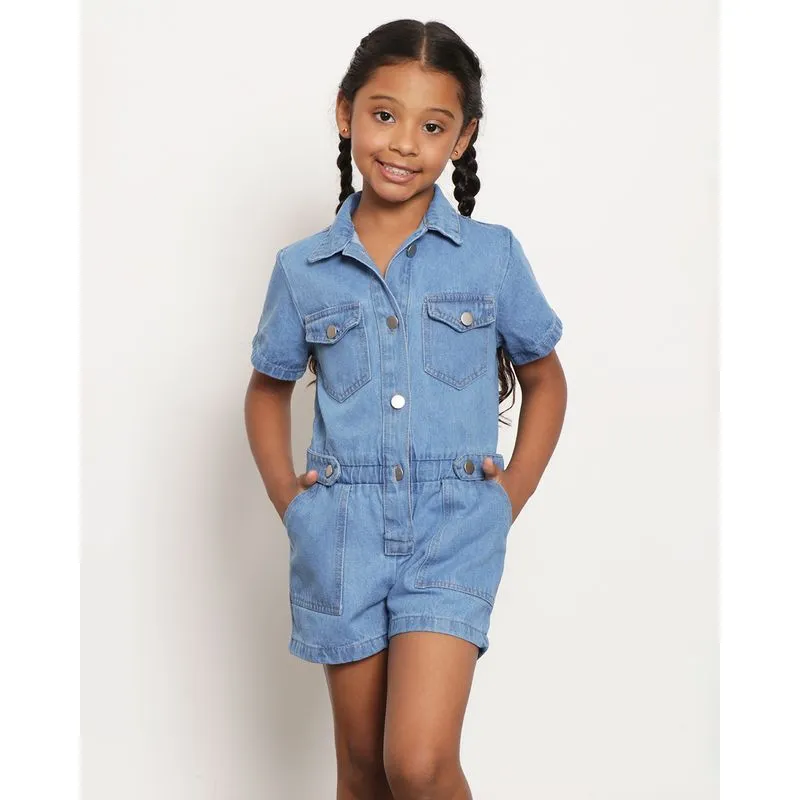 Macaquinho Jeans Infantil Com Botão Manga Curta Azul 4