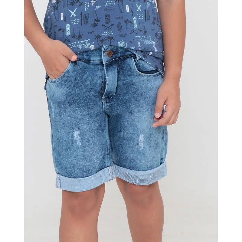 Short Jeans Infantil Puídos Barra Dobrada Azul 6