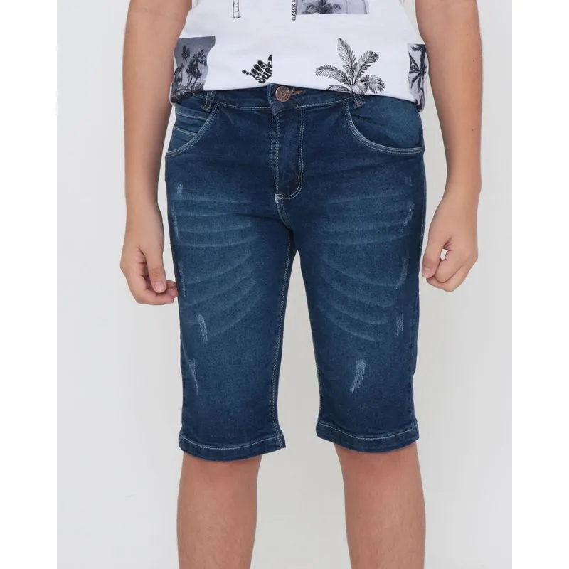 Bermuda Jeans Juvenil Com Puídos Azul 10