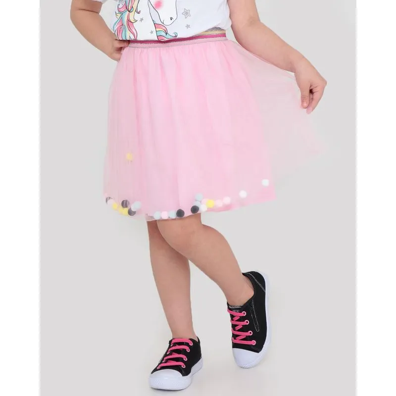 Saia Infantil Elástico Lurex e Tule Com Pompons Rosa 4