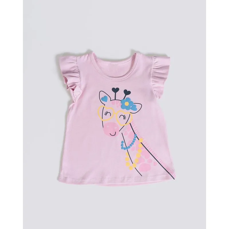 Blusa Bebê Estampa Girafa Manga Babados Rosa Claro 2