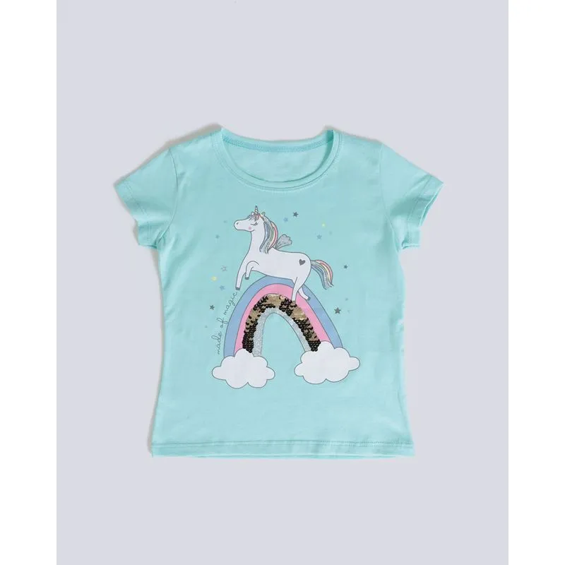 Blusa Bebê Paetês Reversíveis Unicórnio Manga Curta Verde 2
