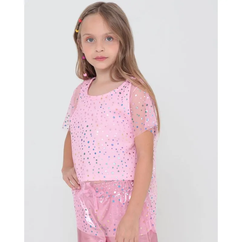 Blusa Infantil Sobreposição Tule Estampa Bolinhas Rosa 10