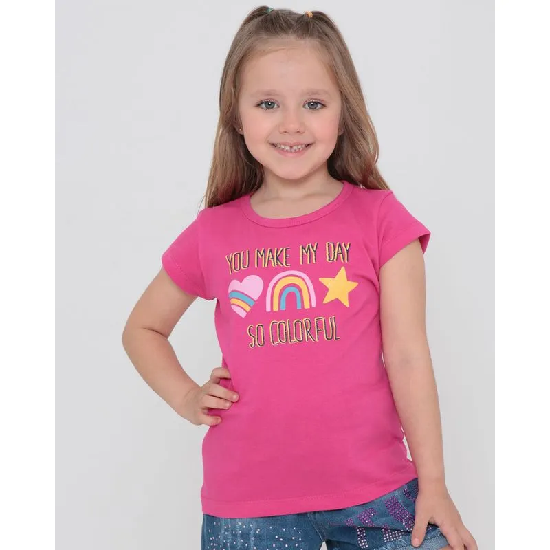 Blusa Infantil Manga Curta Estampa Brilho Rosa Pink 8