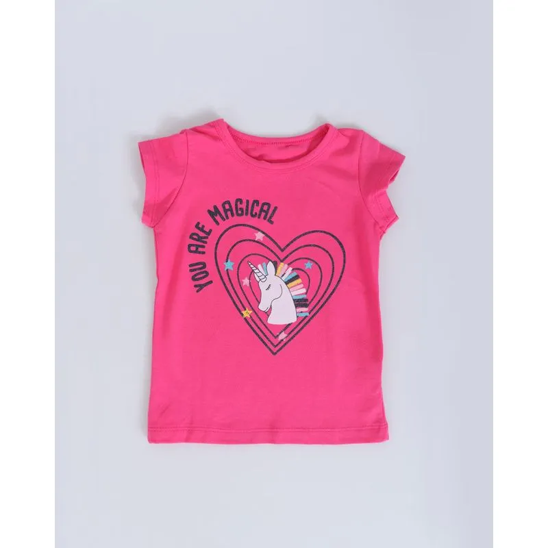 Blusa Bebê Manga Curta Glitter Unicórnio Rosa Médio 2