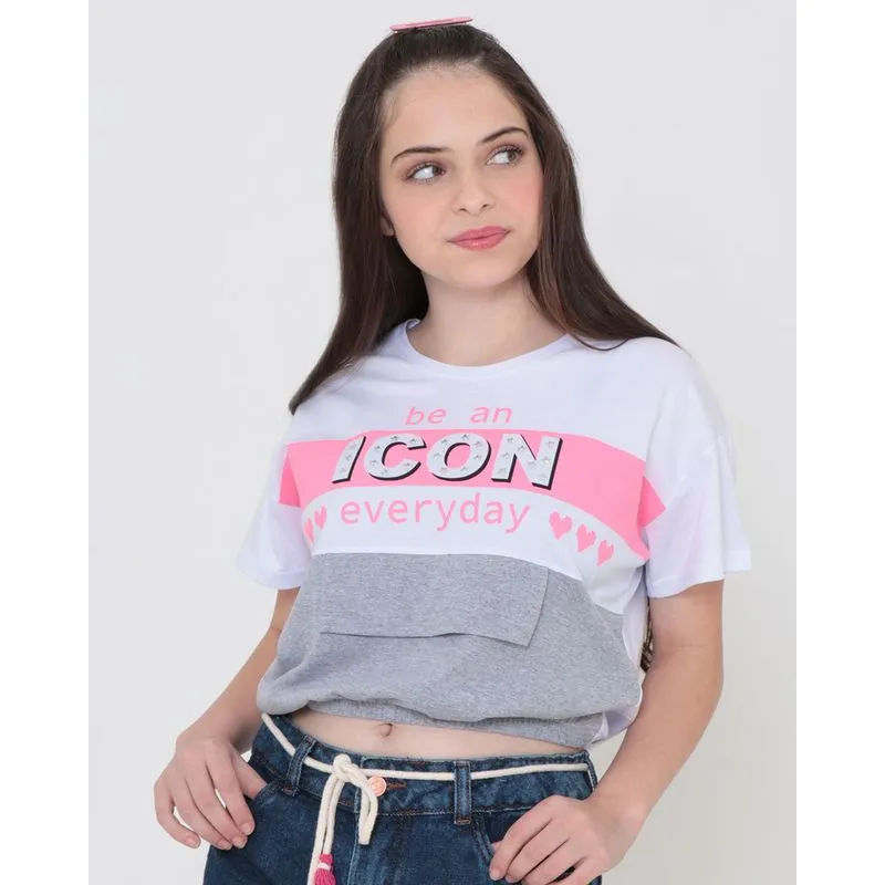 Blusa Juvenil Manga Curta Com Recorte Estampa Icon Branca 12
