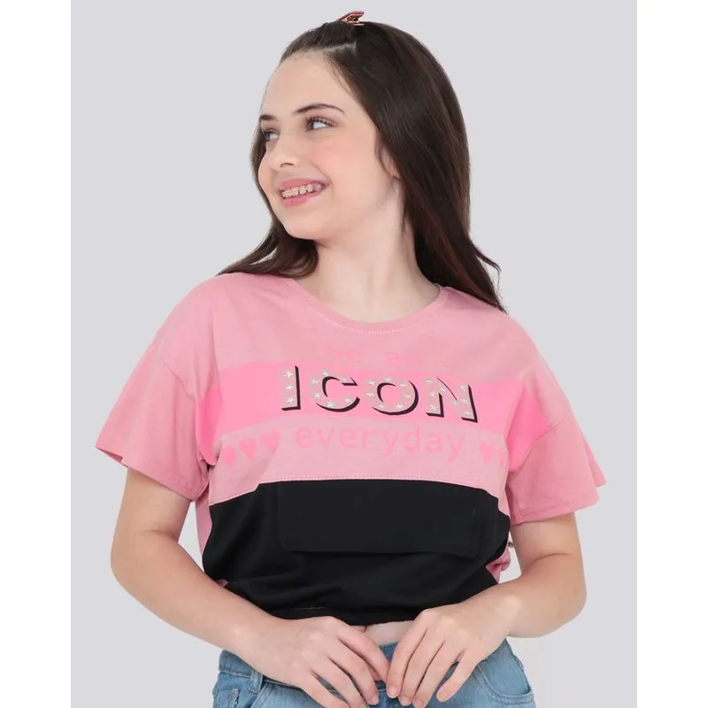 Blusa Juvenil Manga Curta Com Recorte Estampa Icon Rosa 14